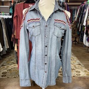 Cruel Denim Button-Up Shirt with Rainbow Trim Size Small. NWT